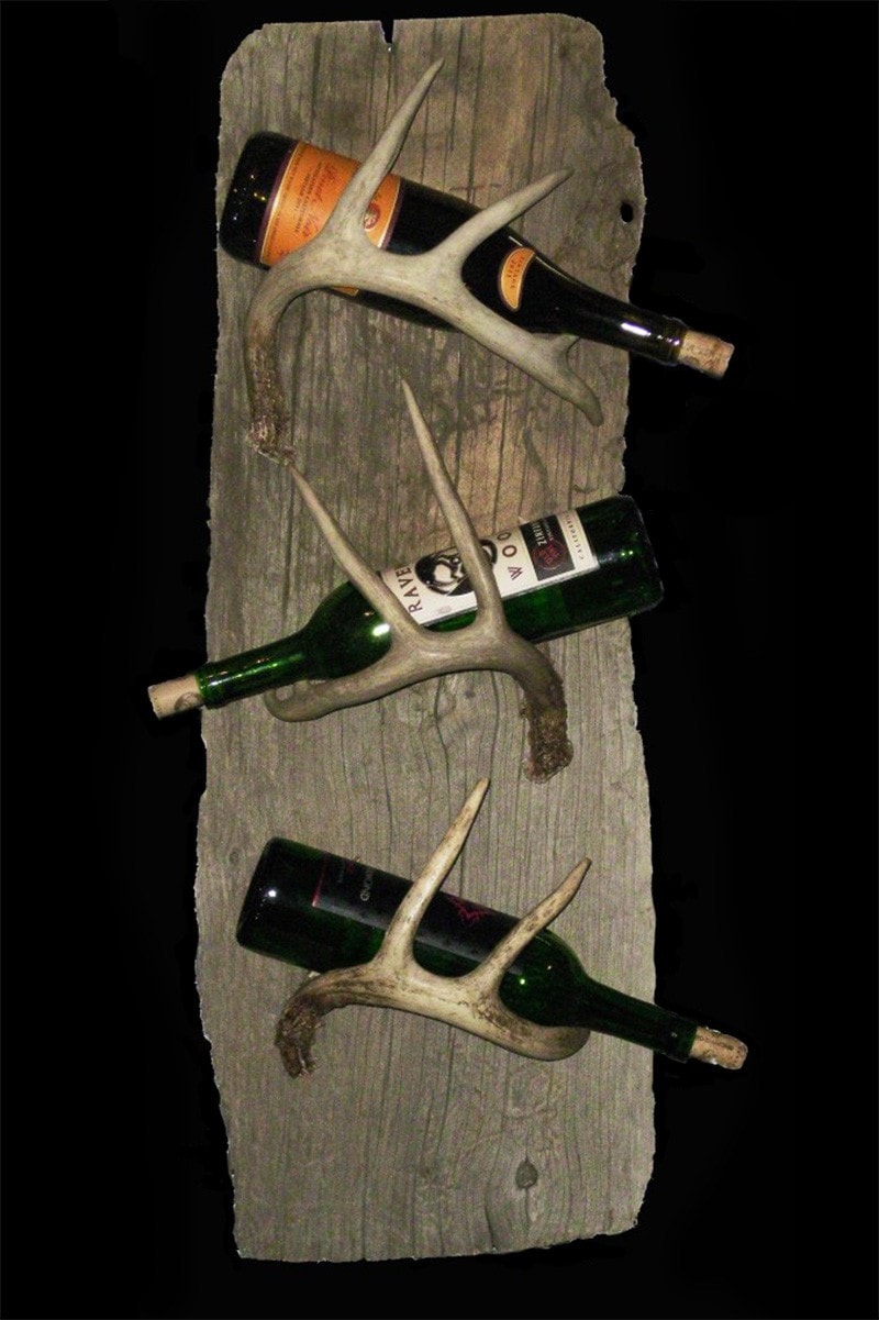 Rustic 3 Bottle Wine Rack – Wall Mounted On Driftwood - Rocky Mountain Antler Works